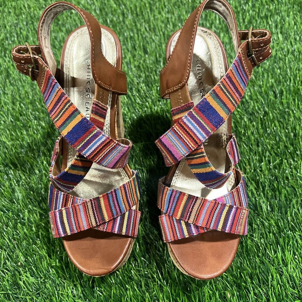 Chinese Laundry Robin size 7  Multi Color Strip Platform Cork Heel Strappy